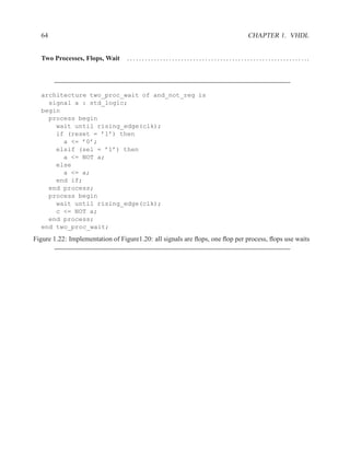 64                                                                                                            CHAPTER 1. VHDL


  Two Processes, Flops, Wait     . . . . . . . . . . . . . . . . . . . . . . . . . . . . . . . . . . . . . . . . . . . . . . . . . . . . . . . . . . . ..




  architecture two_proc_wait of and_not_reg is
    signal a : std_logic;
  begin
    process begin
      wait until rising_edge(clk);
      if (reset = ’1’) then
        a <= ’0’;
      elsif (sel = ’1’) then
        a <= NOT a;
      else
        a <= a;
      end if;
    end process;
    process begin
      wait until rising_edge(clk);
      c <= NOT a;
    end process;
  end two_proc_wait;
Figure 1.22: Implementation of Figure1.20: all signals are ﬂops, one ﬂop per process, ﬂops use waits
 