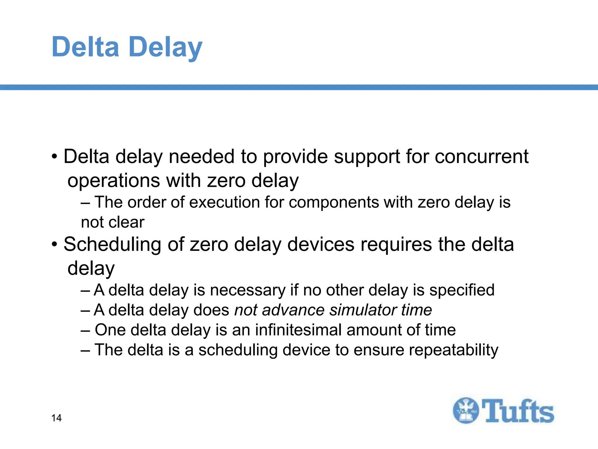 14
14
Delta Delay
• Delta delay needed to provide support for concurrent
operations with zero delay
– The order of execution for components with zero delay is
not clear
• Scheduling of zero delay devices requires the delta
delay
– A delta delay is necessary if no other delay is specified
– A delta delay does not advance simulator time
– One delta delay is an infinitesimal amount of time
– The delta is a scheduling device to ensure repeatability
 