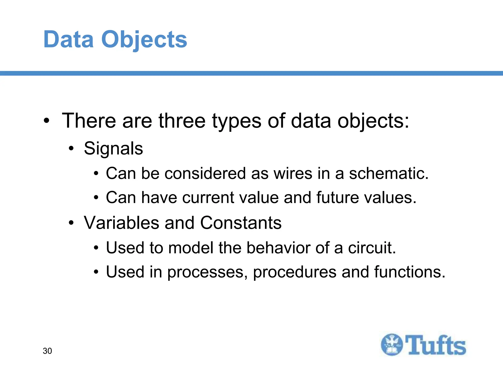 30
30
Data Objects
• There are three types of data objects:
• Signals
• Can be considered as wires in a schematic.
• Can have current value and future values.
• Variables and Constants
• Used to model the behavior of a circuit.
• Used in processes, procedures and functions.
 
