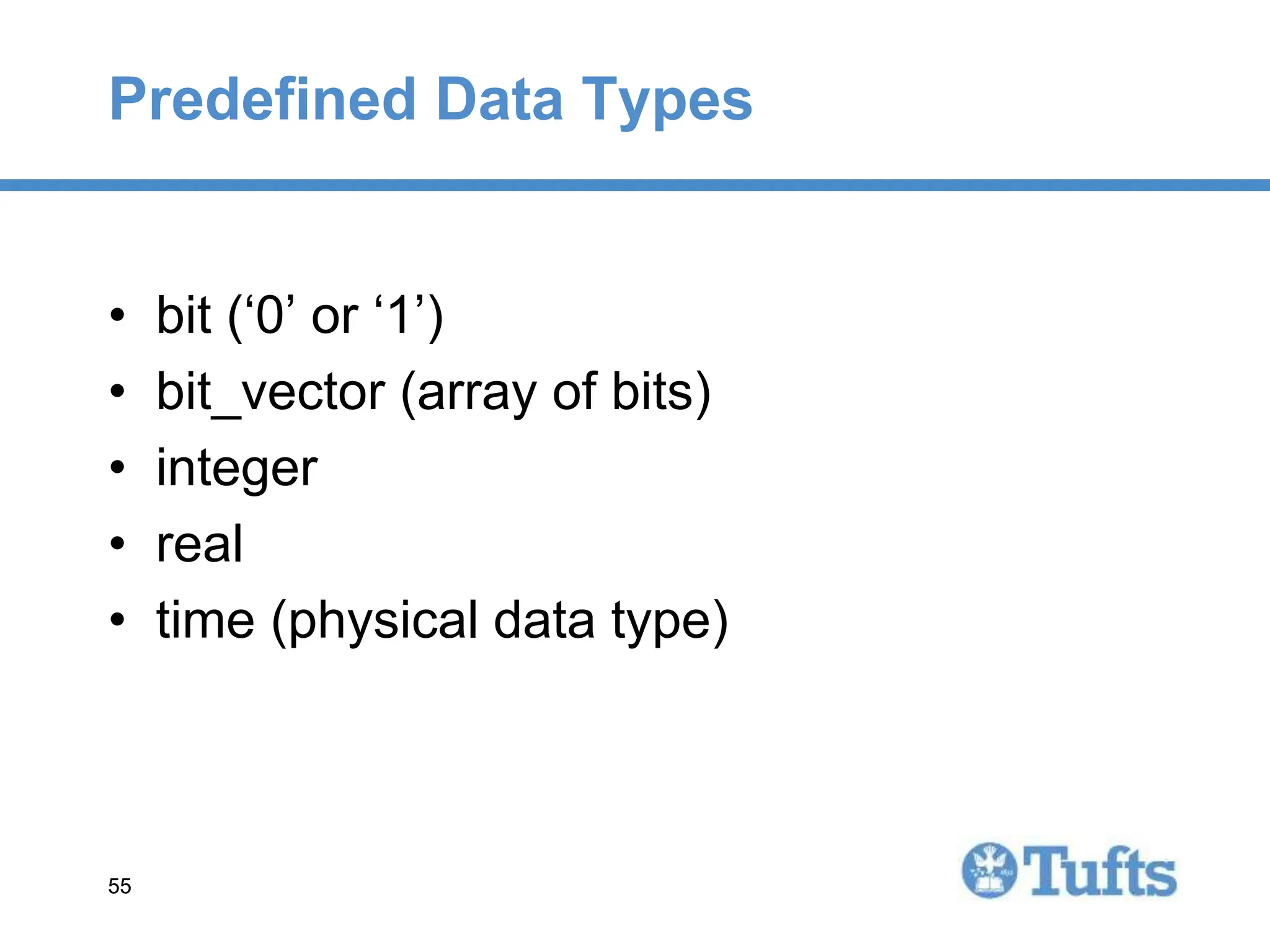 55
55
Predefined Data Types
• bit (‘0’ or ‘1’)
• bit_vector (array of bits)
• integer
• real
• time (physical data type)
 