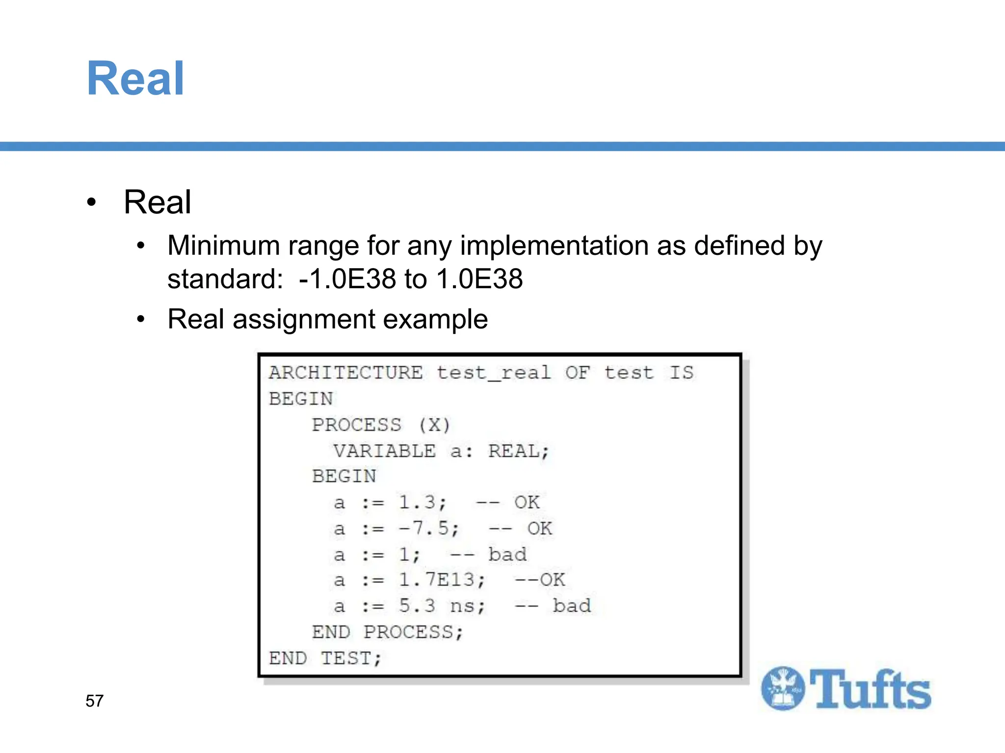 57
57
Real
• Real
• Minimum range for any implementation as defined by
standard: -1.0E38 to 1.0E38
• Real assignment example
 