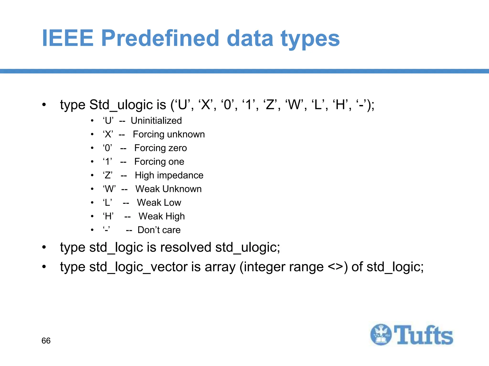 66
66
IEEE Predefined data types
• type Std_ulogic is (‘U’, ‘X’, ‘0’, ‘1’, ‘Z’, ‘W’, ‘L’, ‘H’, ‘-’);
• ‘U’ -- Uninitialized
• ‘X’ -- Forcing unknown
• ‘0’ -- Forcing zero
• ‘1’ -- Forcing one
• ‘Z’ -- High impedance
• ‘W’ -- Weak Unknown
• ‘L’ -- Weak Low
• ‘H’ -- Weak High
• ‘-’ -- Don’t care
• type std_logic is resolved std_ulogic;
• type std_logic_vector is array (integer range <>) of std_logic;
 