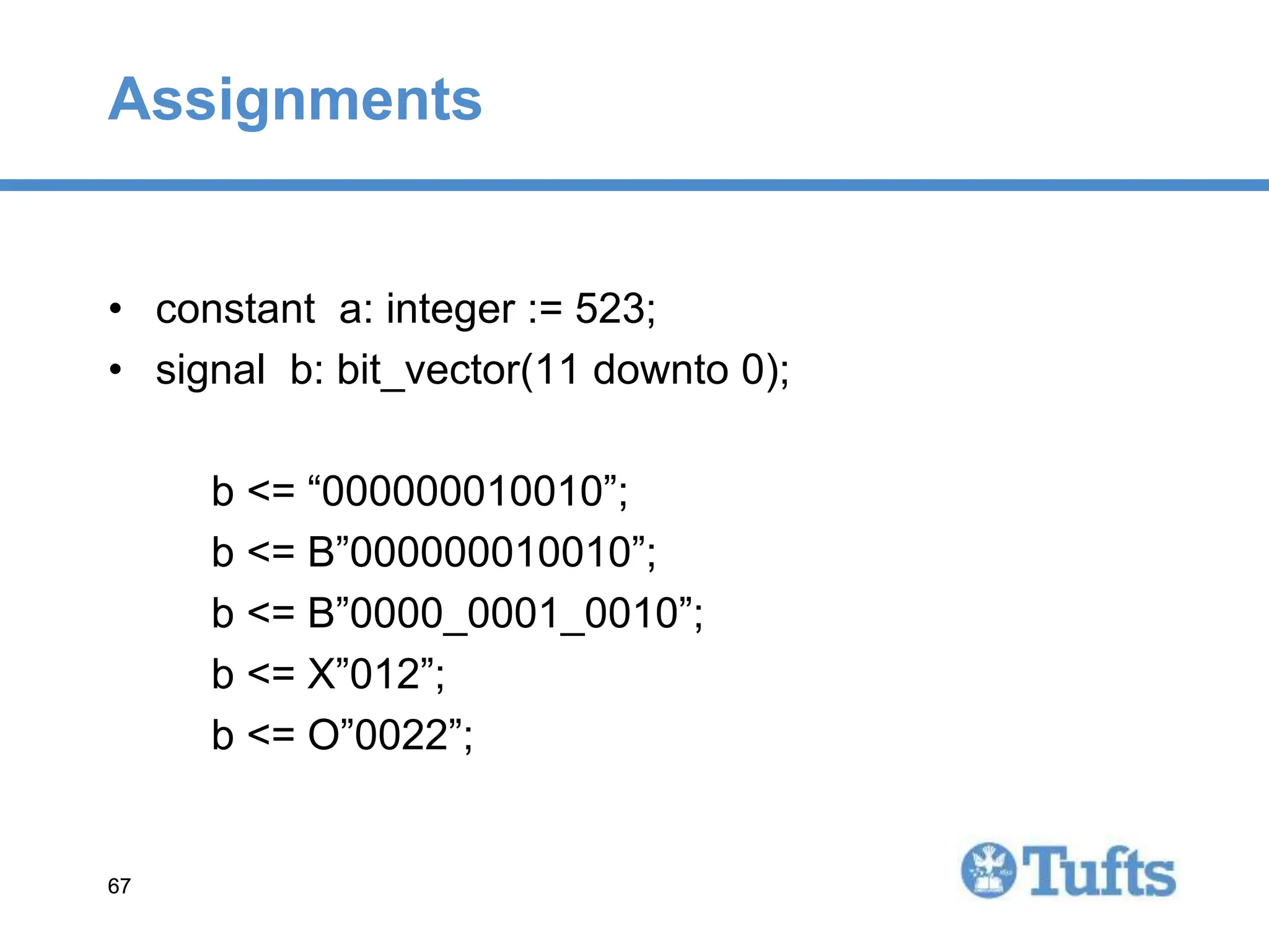 67
67
Assignments
• constant a: integer := 523;
• signal b: bit_vector(11 downto 0);
b <= “000000010010”;
b <= B”000000010010”;
b <= B”0000_0001_0010”;
b <= X”012”;
b <= O”0022”;
 