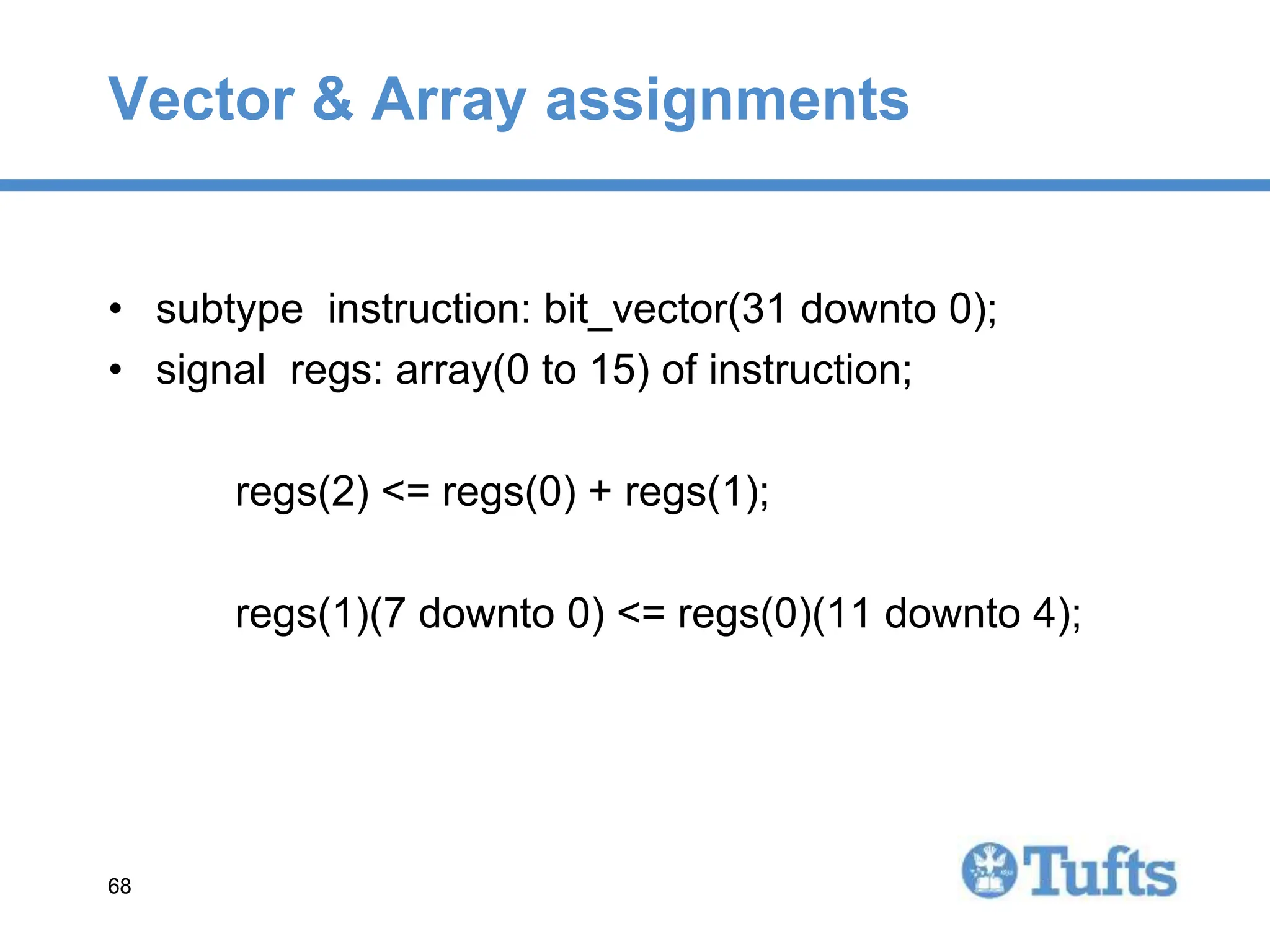 68
68
Vector & Array assignments
• subtype instruction: bit_vector(31 downto 0);
• signal regs: array(0 to 15) of instruction;
regs(2) <= regs(0) + regs(1);
regs(1)(7 downto 0) <= regs(0)(11 downto 4);
 
