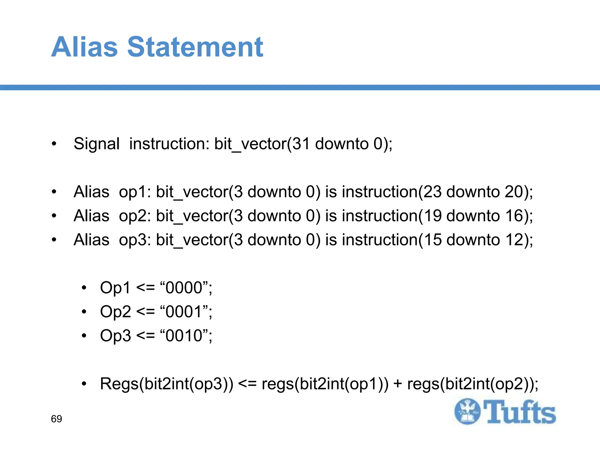 69
69
Alias Statement
• Signal instruction: bit_vector(31 downto 0);
• Alias op1: bit_vector(3 downto 0) is instruction(23 downto 20);
• Alias op2: bit_vector(3 downto 0) is instruction(19 downto 16);
• Alias op3: bit_vector(3 downto 0) is instruction(15 downto 12);
• Op1 <= “0000”;
• Op2 <= “0001”;
• Op3 <= “0010”;
• Regs(bit2int(op3)) <= regs(bit2int(op1)) + regs(bit2int(op2));
 