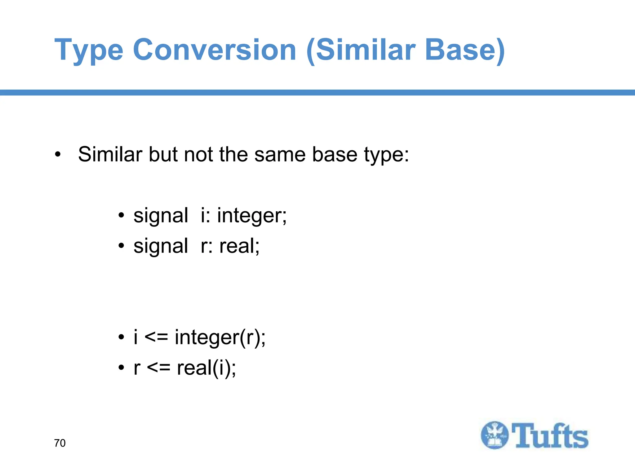 70
70
Type Conversion (Similar Base)
• Similar but not the same base type:
• signal i: integer;
• signal r: real;
• i <= integer(r);
• r <= real(i);
 