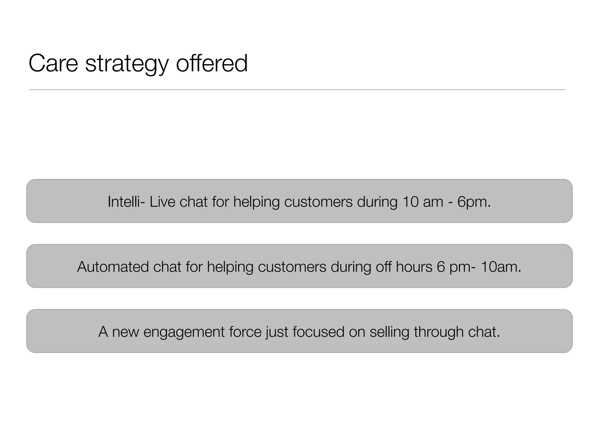 Care strategy offered




        Intelli- Live chat for helping customers during 10 am - 6pm.



    Automated chat for helping customers during off hours 6 pm- 10am.



       A new engagement force just focused on selling through chat.
 