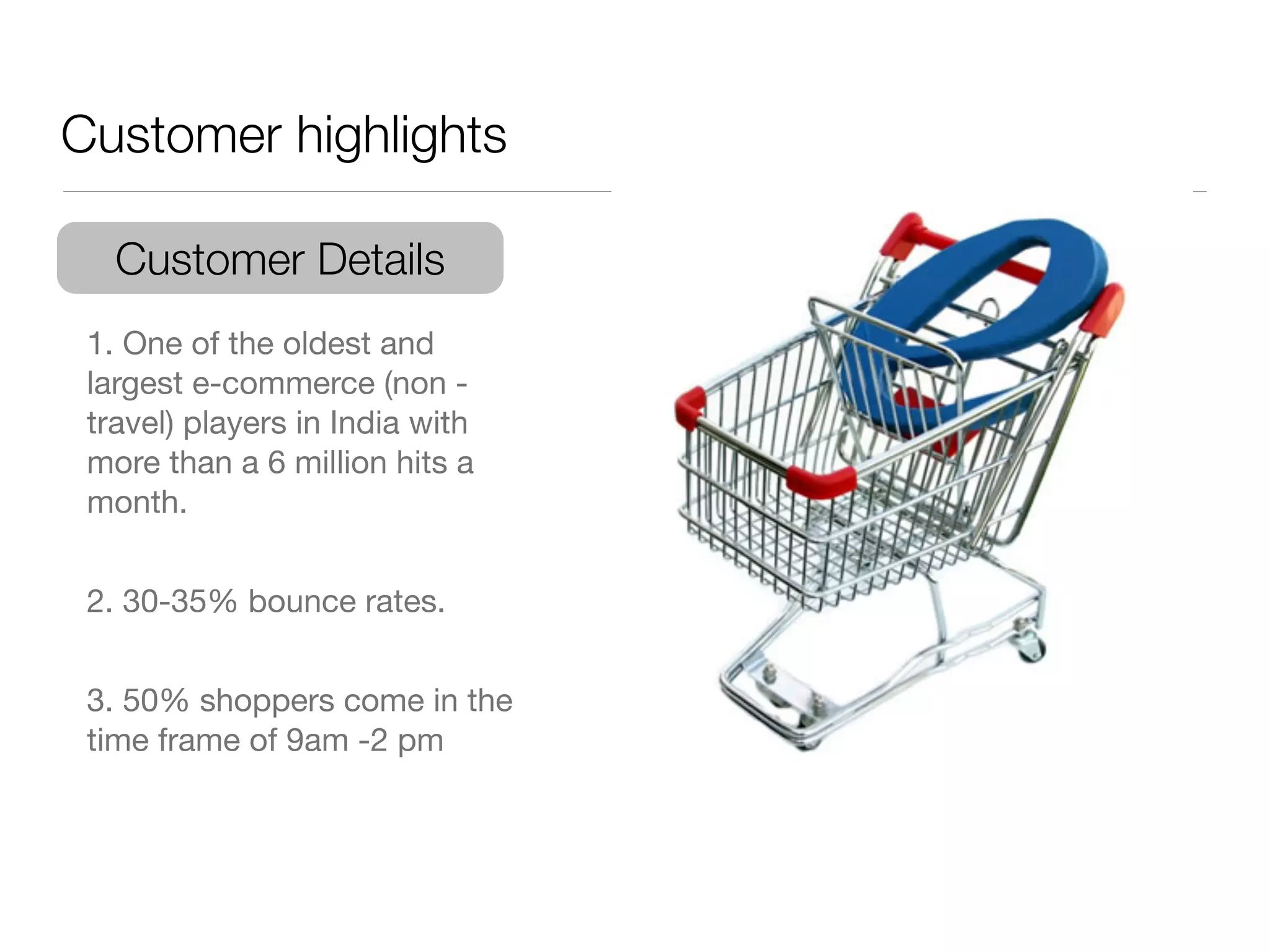 Customer highlights	

   Customer Details
 1. One of the oldest and
 largest e-commerce (non -
 travel) players in India with
 more than a 6 million hits a
 month. 



 2. 30-35% bounce rates. 



 3. 50% shoppers come in the
 time frame of 9am -2 pm

 