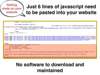 Getting
vhelp on your   Just 6 lines of javascript need
  website       to be pasted into your website




         No software to download and
                 maintained
 