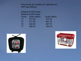 Frecuencia de Canales de Televisión en
UHF para México

Sistema M 525 líneas
Sistema N 625 líneas
Canal Video (MHz)        Audio (MHz)
14      471.25           475.75
15      477.25           481.75
16      483.25           487.75
17      489.25            493.75
 