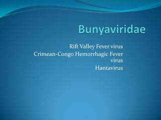 Rift Valley Fever virus
Crimean-Congo Hemorrhagic Fever
virus
Hantavirus
 
