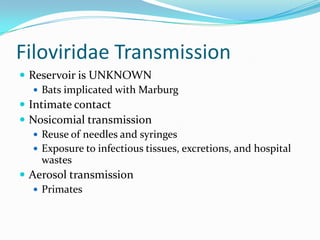Filoviridae Transmission
 Reservoir is UNKNOWN
 Bats implicated with Marburg
 Intimate contact
 Nosicomial transmission
 Reuse of needles and syringes
 Exposure to infectious tissues, excretions, and hospital
wastes
 Aerosol transmission
 Primates
 