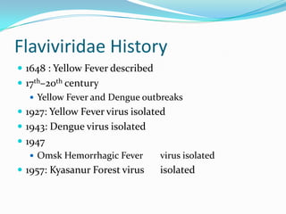 Flaviviridae History
 1648 : Yellow Fever described
 17th–20th century
 Yellow Fever and Dengue outbreaks
 1927: Yellow Fever virus isolated
 1943: Dengue virus isolated
 1947
 Omsk Hemorrhagic Fever virus isolated
 1957: Kyasanur Forest virus isolated
 