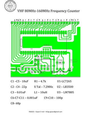 VHF 80MHz-160MHz Frequency Counter




C1 –C5 - 10uF          R1 – 4.7k                      U1-LC7265
C2 - C4 - 22p          X Tal – 7.2MHz                U2 – LB3500
C3 – 0.01uF            L1 – 10uH                      U3 – LM7805
C6-C7-C11 – 0.001uF                 C9-C10 – 100p
C8- 68p

                4S6GGS – Gayan E mail – 4s5gs.gayan@gmail.com
 