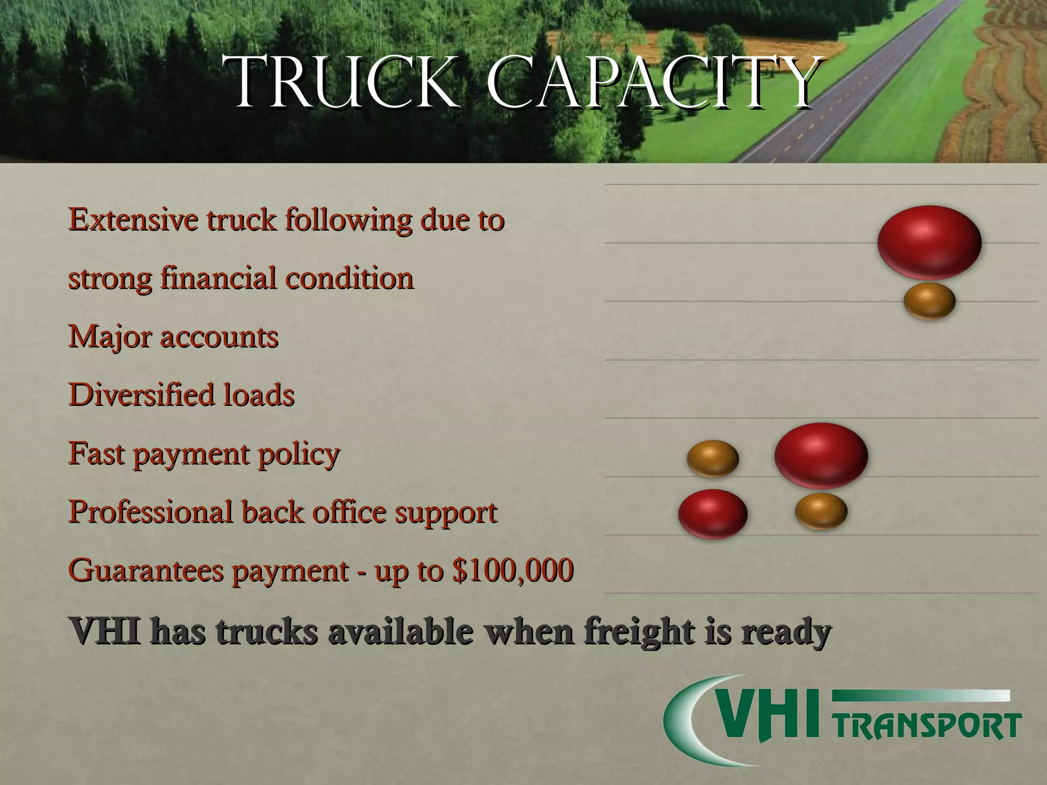 Truck Capacity Extensive truck following due to  strong financial condition  Major accounts  Diversified loads Fast payment policy Professional back office support Guarantees payment - up to $100,000 VHI has trucks available when freight is ready  