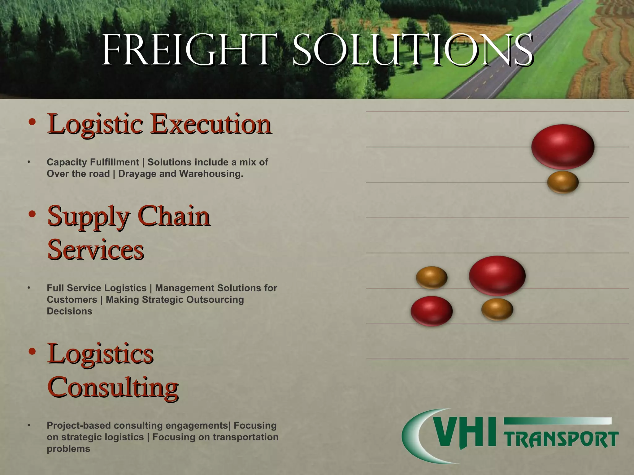 FREIGHT SOLUTIONS Logistic Execution Capacity Fulfillment | Solutions include a mix of Over the road | Drayage and Warehousing. Supply Chain Services Full Service Logistics | Management Solutions for Customers | Making Strategic Outsourcing Decisions Logistics Consulting Project-based consulting engagements| Focusing on strategic logistics | Focusing on transportation problems 