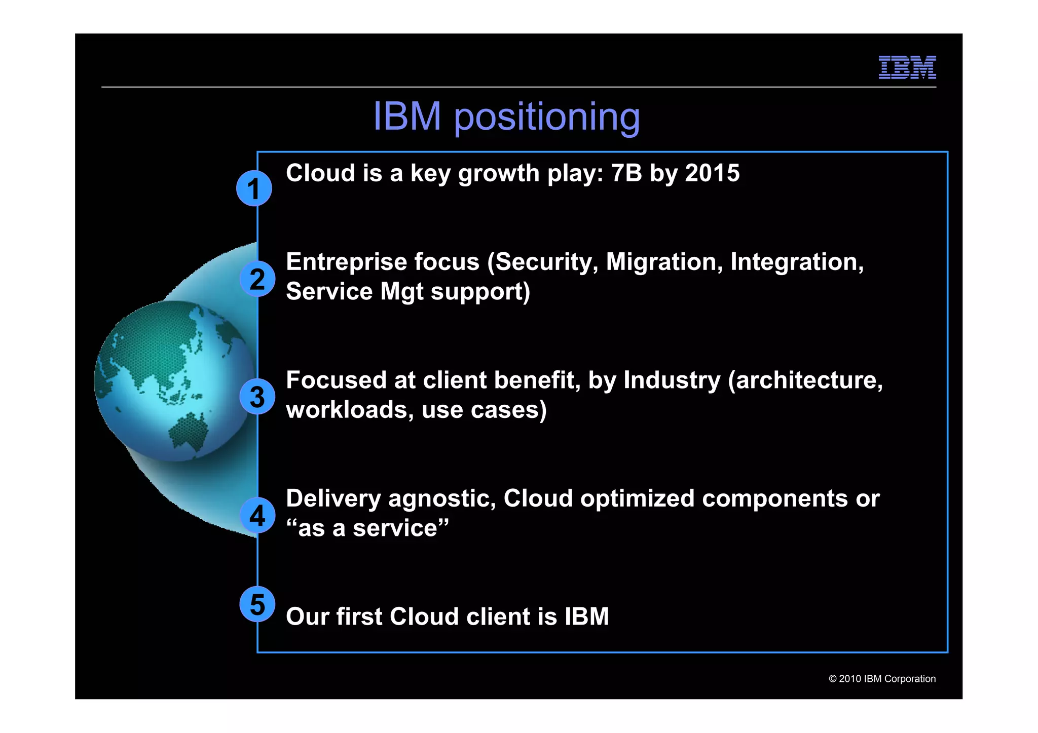 IBM positioning
    Cloud is a key growth play: 7B by 2015
1

  Entreprise focus (Security, Migration, Integration,
2 Service Mgt support)


  Focused at client benefit, by Industry (architecture,
3 workloads, use cases)


  Delivery agnostic, Cloud optimized components or
4 “as a service”


5 Our first Cloud client is IBM

                                                  © 2010 IBM Corporation
 
