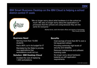 IBM Smart Business Desktop on the IBM Cloud is helping a school
district control IT costs

                          “We no longer worry about what hardware is in the school as
                            much. We also no longer worry about the applications or
                            processes that the schools are using because they are the
                            same for everyone.”
                                             Maritta Horne, chief information officer and director of technology,
                                                                                           Pike County Schools




     Business Need                                     Benefits
      – Serving more than 10,000                         – Cost savings of more than 60 % over a
        students                                           full equipment refresh
      – Had a 80% cut in its budget for IT               – Providing extremely high levels of
      – Mandated by the State to provide                   security and reliability
        new applications that                            – Reduced maintenance and software
        workstations could not run.                        licensing costs
     Solution: IBM Desktop Cloud                         – No longer worry about hardware
      – Avoided the cost of replacing                      keeping up with application
        1,400 workstations                                 requirements
11                                                                                                  © 2010 IBM Corporation
 