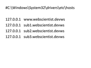 #C:WindowsSystem32driversetchosts

127.0.0.1   www.webscientist.devws
127.0.0.1   sub1.webscientist.devws
127.0.0.1   sub2.webscientist.devws
127.0.0.1   sub3.webscientist.devws
 