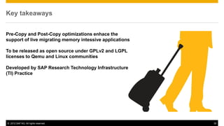 Key takeaways


Pre-Copy and Post-Copy optimizations enhace the
support of live migrating memory intessive applications

To be released as open source under GPLv2 and LGPL
licenses to Qemu and Linux communities

Developed by SAP Research Technology Infrastructure
(TI) Practice




© 2012 SAP AG. All rights reserved.                       30
 