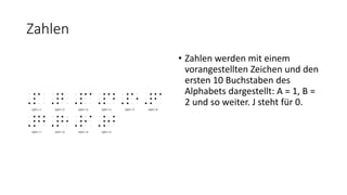 Zahlen
• Zahlen werden mit einem
vorangestellten Zeichen und den
ersten 10 Buchstaben des
Alphabets dargestellt: A = 1, B =
2 und so weiter. J steht für 0.
 