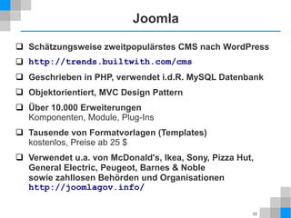 11
Datenbank
 Anzahl von verknüpften Tabellen
 Verknüpfung mit Hilfe von Schlüsseln
 Schnelles Finden durch Indizes
 Abfragesprache SQL
 Client-Server Architektur
 DBMS: Programm + Daten
 Netzwerkfähig: DBMS auf Server im Internet
 Sicherheit: Anmeldung mit Benutzer und Kennwort
 Integrität: Mehrbenutzerzugriff, Transaktionssicherheit
 Open Source: MySQL, PostgreSQL
 Kommerziell: Oracle, MS SQL Server
 