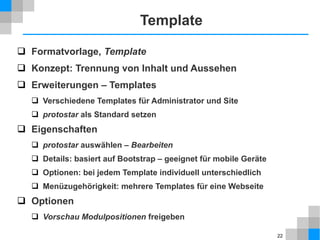 22
Komplettpaket vs. Sprachpaket
Unterschiede
Beispieldaten – werden für eigene Webseite nicht benutzt
Dateien im Verzeichnis installation – Installation wird sofort deutsch angezeigt
joomla.sql – Sprachpakete und Systemkonfiguration auf deutsch gesetzt
 