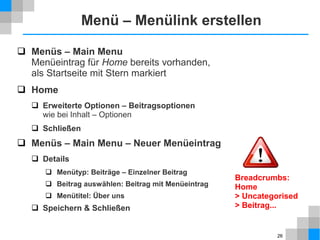 26
Sprachen
 Erweiterungen – Sprachen
 Site / Administrator
Sprachen installieren
Deutsch als Standard setzen
 Inhalt
Titel: German (DE-CH-AT), Hauptsprachentitel: Deutsch,
Sprach-Tag: de-DE, URL-Sprachkürzel: de, Bildpräfix: de,
Status: freigegeben, Reihenfolge: 2, Zugriffsebene: öffentlich,
Home: Nein, ID: 2
 