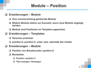 35
Kategorie – Beschreibung
 Inhalt → Kategorien
 Nachrichten
 Beschreibung: Text eingeben
 Bild (Button unter Editor): /sampledata/parks/landscape/xyz.jpg
 Links ausrichten
 Menüs → Main Menu
 Nachrichten
 Kategorie
 Kategoriebeschreibung: Anzeigen
 Kategoriebild: Anzeigen
 Seitenanzeige
 Seitenüberschrift anzeigen: Ja
 