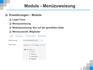 37
Medien – Bilder einfügen
 Inhalt → Medien
 Neues Verzeichnis erstellen, z. B. meinverein
 in neues Verzeichnis wechseln und Bilder hochladen
 Inhalt → Beiträge
 Anton bearbeiten
 Bilder und Links – Komplettes Beitragsbild
 meinverein/anton.png auswählen
 optional Alternativer Text und Bildunterschrift
 dasselbe für Berta und Carla
 jetzt für Nachricht Zwei und Nachricht Drei
 Einleitungsbild: news2-tn.png und news3-tn.png
 komplettes Beitragsbild: news2.png und news3.png
Bilder von dem
Hochladen auf die
gewünschte Größe
verkleinern
 