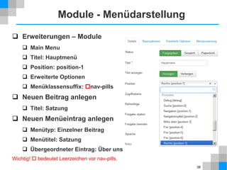 38
Bilder mitten im Text
 Inhalt → Beiträge
 Beitrag mit Menüeintrag bearbeiten
 mehr Text hinzufügen
 im Editor Symbol Bild einfügen/verändern klicken
 Adresse: images/sampledata/fruitshop/apple.jpg
 Beschreibung und Titel: Apfel
 Aussehen → Ausrichtung: Links
 Horizontaler Abstand: 10
 noch mehr Text hinzufügen
 unter dem Editor Bild klicken und ein Bild auswählen
 Ausrichtung: Rechts
 Feineinstellung mit Dialog Bild einfügen/verändern
Steuerung des
Layouts mit CSS
 