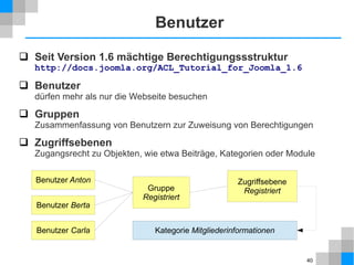 40
Module – Position
 Erweiterungen → Module
 zum Joomla-Umfang gehörende Module
 Weitere Module stehen zur Auswahl, wenn neue Module angelegt
werden.
 Module sind Positionen im Template zugeordnet.
 Erweiterungen → Templates
 Vorschau protostar (ggf. Vorschau in Optionen aktivieren)
 position-2, position-3: unter- bzw. oberhalb des Inhalts
 Erweiterungen → Module
 Position von Breadcrumbs: position-2
 Bearbeiten
 Position: position-3
 Titel anzeigen: Verbergen
 