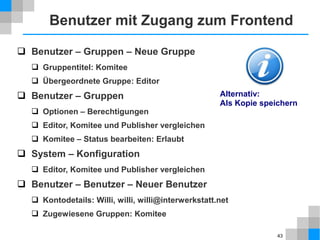 43
Module - Menüdarstellung
 Erweiterungen → Module
 Main Menu
 Titel: Hauptmenü
 Position: position-1
 Erweitert
 Menüklassensuffix: nav-pills
 Neuen Beitrag anlegen
 Titel: Satzung
 Neuen Menüeintrag anlegen
 Menütyp: Einzelner Beitrag
 Menütitel: Satzung
 Übergeordneter Eintrag: Über uns
Wichtig!  bedeutet Leerzeichen vor nav-pills.
 