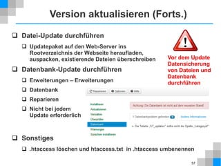 57
Erweiterung installieren
 Erweiterung aussuchen
 z. B. Fotogallerie
http://extensions.joomla.org/extensions/photos-a-images/galleries/content-photo-gallery
 Auswahlkriterien
 Kompatibilität: Joomla 3.0
 Popularität, Rating, Kosten
 Umfang: Komponente, Modul, Plugin, Sprache
 Abschätzen
 Reviews lesen
 Demo anschauen
 Besonderheiten beachten, z. B. Lizenz, Copyright Link
 Herunterladen
 z. B. sigplus
http://extensions.joomla.org/extensions/photos-a-images/galleries/content-photo-gallery/11426
 