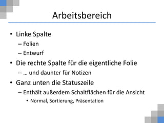Arbeitsbereich
• Linke Spalte
  – Folien
  – Entwurf
• Die rechte Spalte für die eigentliche Folie
  – … und daunter für Notizen
• Ganz unten die Statuszeile
  – Enthält außerdem Schaltflächen für die Ansicht
     • Normal, Sortierung, Präsentation
 