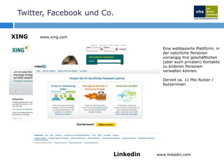 Twitter, Facebook und Co.Daten und Fakten – machen Sie sich ein Bild50% loggen sich jeden Tag einFast 700 Millionen User weltweit, jedenTag +700.000Der durchschnittliche Facebook-User:  - verbringt täglich 55 Minuten auf FB- hat 130 Freunde- schreibt 25 Kommentare/Monat- ist ein Fan von zwei Fanseiten- ist Mitglied in 12 GruppenWachstumsratein Deutschland: 150% p.a. (2010)Quelle: http://www.marketinginstitut.biz