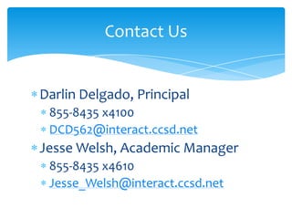 Contact Us

Darlin Delgado, Principal
855-8435 x4100
DCD562@interact.ccsd.net

Jesse Welsh, Academic Manager
855-8435 x4610
Jesse_Welsh@interact.ccsd.net

 