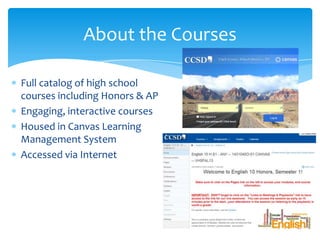 About the Courses
Full catalog of high school
courses including Honors & AP
Engaging, interactive courses
Housed in Canvas Learning
Management System
Accessed via Internet

 