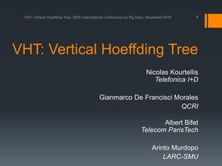 VHT: Vertical Hoeffding Tree
Nicolas Kourtellis
Telefonica I+D
Gianmarco De Francisci Morales
QCRI
Albert Bifet
Telecom ParisTech
Arinto Murdopo
LARC-SMU
1
 