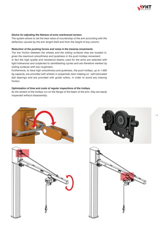 5
Device for adjusting the flatness of arms overbraced version.
The system allows to set the best value of counterslop of the arm according with the
deflection caused by the arm lenght itself and from the height of any column.
Reduction of the pushing forces and noise in the traverse movements.
The low friction between the wheels and the sliding surfaces they are located in,
gives the maximum smoothness and quietness in the push trolleys movement.
In fact the high quality and resistance beams used for the arms are selected with
tight tolerances and subjected to sandblasting cycles and are therefore marked by
sliding surfaces with low roughness.
Furthermore, to have high smoothness and quietness, the push trolleys, up to 1.000
kg capacity, are provided with wheels in polyamide resin rotating on self-lubricated
ball bearings and are provided with guide rollers, in order to avoid any shaving
friction.
Optimization of time and costs of regular inspections of the trolleys.
As the wheels of the trolleys run on the flange of the beam of the arm, they are easily
inspected without disassembly.
 