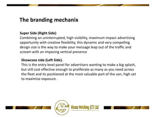 The branding mechanix

Super Side (Right Side)
Combining an uninterrupted, high visibility, maximum impact advertising
opportunity with creative flexibility, this dynamic and very compelling
design size is the way to make your message leap out of the traffic and
scream with an imposing vertical presence

Showcase side (Left Side).
This is the entry level panel for advertisers wanting to make a big splash,
but still cost effective enough to proliferate as many as you need across
the fleet and its positioned at the most valuable part of the van, high set
to maximise exposure .
 