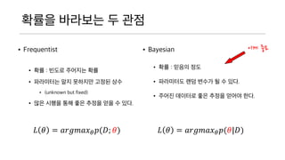 ??? ???? ? ??
? Frequentist
? ?? : ??? ???? ??
? ????? ?? ???? ??? ?
?
? (unknown but fixed)
? ?? ??? ?? ?? ??? ??
? ??.
? Bayesian
? ?? : ??? ??
? ????? ?? ??? ? ? ??.
? ??? ???? ?? ??? ???
??.
? ? = ?????? ? ?(?; ?) ? ? = ?????? ? ?(?|?)
?? ??
 