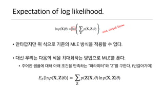 Expectation of log likelihood.
? ????? ? ??? ??? MLE ??? ??? ? ??.
? ?? ??? ??? ?? ????? ???? MLE? ??.
? ??? ??? ?? ?? ??? ???? ????? Z? ???.
(?????)
 