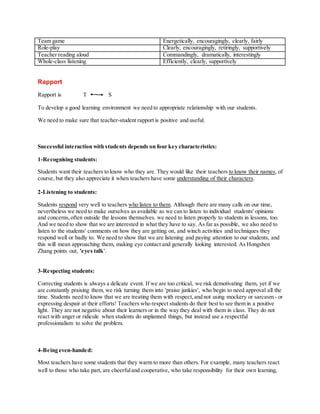 Team game Energetically, encouragingly, clearly, fairly
Role-play Clearly, encouragingly, retiringly, supportively
Teacher reading aloud Commandingly, dramatically, interestingly
Whole-class listening Efficiently, clearly, supportively
Rapport
Rapport is T S
To develop a good learning environment we need to appropriate relationship with our students.
We need to make sure that teacher-student rapport is positive and useful.
Successful interaction with students depends on four key characteristics:
1-Recognising students:
Students want their teachers to know who they are. They would like their teachers to know their names, of
course, but they also appreciate it when teachers have some understanding of their characters.
2-Listening to students:
Students respond very well to teachers who listen to them. Although there are many calls on our time,
nevertheless we need to make ourselves as available as we can to listen to individual students' opinions
and concerns,often outside the lessons themselves. we need to listen properly to students in lessons, too.
And we need to show that we are interested in what they have to say. As far as possible, we also need to
listen to the students' comments on how they are getting on, and winch activities and techniques they
respond well or badly to. We need to show that we are listening and paying attention to our students, and
this will mean approaching them, making eye contact and generally looking interested. As Hongshen
Zhang points out, 'eyes talk'.
3-Respecting students:
Correcting students is always a delicate event. If we are too critical, we risk demotivating them, yet if we
are constantly praising them, we risk turning them into 'praise junkies', who begin to need approval all the
time. Students need to know that we are treating them with respect,and not using mockery or sarcasm - or
expressing despair at their efforts! Teachers who respect students do their best to see them in a positive
light. They are not negative about their learners or in the way they deal with them in class. They do not
react with anger or ridicule when students do unplanned things, but instead use a respectful
professionalism to solve the problem.
4-Being even-handed:
Most teachers have some students that they warm to more than others. For example, many teachers react
well to those who take part, are cheerfuland cooperative, who take responsibility for their own learning,
 