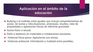 Aplicación en el ámbito de la
educación
 Bullying o el maltrato entre iguales que incluye comportamientos de
acoso, de burlas y ridiculizaciones, amenazas, insultos, robo de
propiedades y agresiones físicas de diferente gravedad.
 Acoso físico o sexual.
 Daño o deterioro en materiales e instalaciones escolares.
 Violencia física grave. Agresiones con armas.
 Violencia antisocial. Intimidación y rivalidad entre pandillas.
 