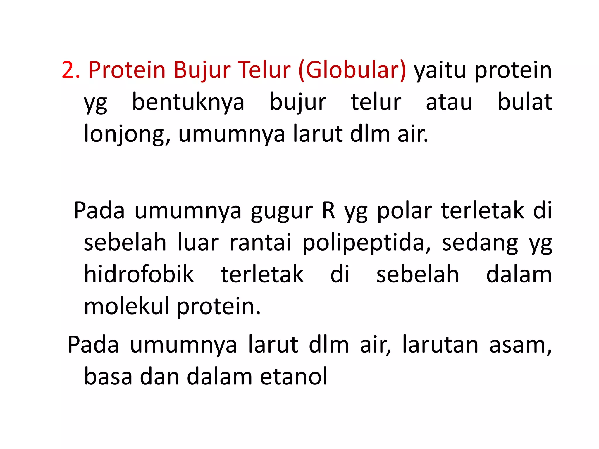 2. Protein Bujur Telur (Globular) yaitu protein
yg bentuknya bujur telur atau bulat
lonjong, umumnya larut dlm air.
Pada umumnya gugur R yg polar terletak di
sebelah luar rantai polipeptida, sedang yg
hidrofobik terletak di sebelah dalam
molekul protein.
Pada umumnya larut dlm air, larutan asam,
basa dan dalam etanol
 