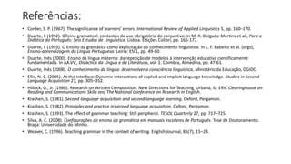 Referências:
• Corder, S. P. (1967). The significance of learners’ errors. International Review of Applied Linguistics 5, pp. 160–170.
• Duarte, I. (1992). Oficina gramatical: contextos de uso obrigatório do conjuntivo. In M. R. Delgado-Martins et al., Para a
Didática do Português: Seis Estudos de Linguística. Lisboa. Edições Colibri, pp. 165-177.
• Duarte, I. (1993). O Ensino da gramática como explicitação do conhecimento linguístico. In L. F. Babeiro et al. (orgs),
Ensino-aprendizagem da Língua Portuguesa. Leiria: ESEL, pp. 49-60.
• Duarte, Inês (2000). Ensino da língua materna: da repetição de modelos à intervenção educativa cientificamente
fundamentada. In AA.VV., Didáctica da Língua e da Literatura, vol. 1. Coimbra, Almedina, pp. 47-61.
• Duarte, Inês (2008). O conhecimento da língua: desenvolver a consciência linguística, Ministério da Educação, DGIDC.
• Ellis, N. C. (2005). At the interface: Dynamic interactions of explicit and implicit language knowledge. Studies in Second
Language Acquisition 27, pp. 305–352.
• Hillock, G., Jr. (1986). Research on Written Composition: New Directions for Teaching. Urbana, IL: ERIC Clearinghouse on
Reading and Communications Skills and The National Conference on Research in English.
• Krashen, S. (1981). Second language acquisition and second language learning. Oxford, Pergamon.
• Krashen, S. (1982). Principles and practice in second language acquisition. Oxford, Pergamon.
• Krashen, S. (1993). The effect of grammar teaching: Still peripheral. TESOL Quarterly 27, pp. 717–725.
• Silva, A. C. (2008). Configurações do ensino da gramática em manuais escolares de Português. Tese de Doutoramento.
Braga: Universidade do Minho.
• Weaver, C. (1996). Teaching grammar in the context of writing. English Journal, 85(7), 15–24.
 