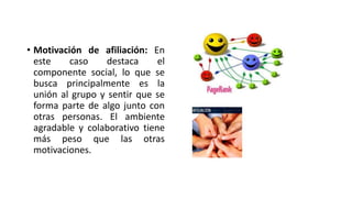 • Motivación de afiliación: En
este caso destaca el
componente social, lo que se
busca principalmente es la
unión al grupo y sentir que se
forma parte de algo junto con
otras personas. El ambiente
agradable y colaborativo tiene
más peso que las otras
motivaciones.
 
