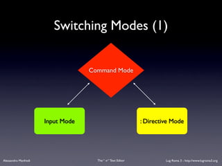Switching Modes (1)


                                   Command Mode




                      Input Mode                              : Directive Mode




Alessandro Manfredi                  The “ vi “ Text Editor            Lug Roma 3 - http://www.lugroma3.org
 
