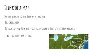 Think of a map
You are heading to New York on a road trip
You grab a map
The map says New York but it’s actually a map of the state of Pennsylvania
...but you don’t realize this
 